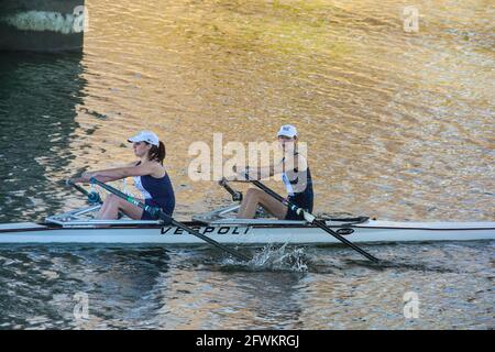 Die Doppelschädel junger Frauen rudern bei der frühmorgendlichen Regatta im Hafen von Sacramento, Kalifornien Stockfoto