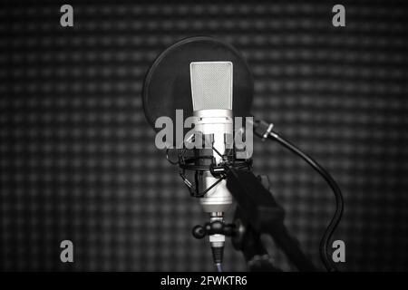 Sprachmikrofon mit Schockhalterung und POP-Filter auf professionellem Stativ im Audio-Aufnahmestudio. Stockfoto