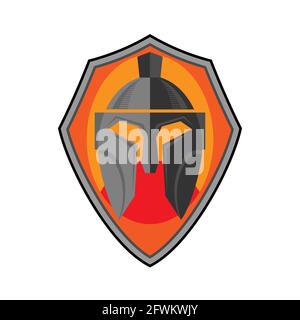 Schild und Krieger-Helm-Symbol isoliert auf weißem Hintergrund Stock Vektor