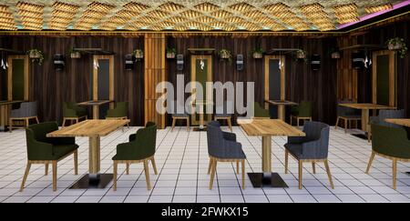 Das Innere eines Restaurants .3d Rendering des Restaurants mit schönen Lichtern und attraktiver Innenarchitektur. Das Innere eines restaurant.interior Cafés Stockfoto