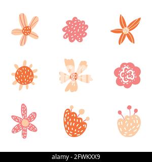 Satz flacher Symbol Blume Symbole in Silhouette isoliert auf Weiss. Cute Retro Design in hellen Farben für Aufkleber, Etiketten, Tags, Geschenkpapier. Stock Vektor