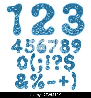 Zahlen und Symbole des sprudelnden Wassers. Vektor isolierte Objekte. Stock Vektor