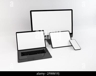 Realistische Mockup von mehreren Responsive Geräte 3D Illustration auf isoliert Hintergrund Stockfoto