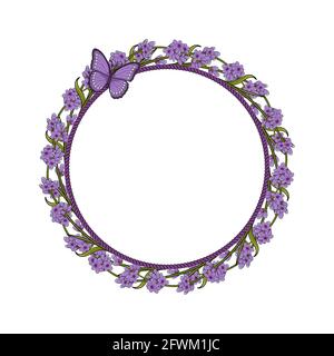 Runder Rahmen mit Lavendelblüten und Schmetterling. Stock Vektor