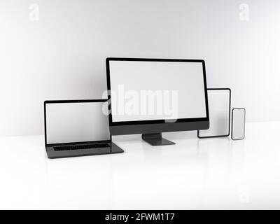 Realistische Mockup von mehreren Responsive Geräte 3D Illustration auf isoliert Hintergrund Stockfoto