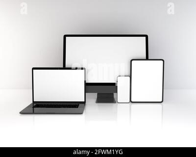Realistische Mockup von mehreren Responsive Geräte 3D Illustration auf isoliert Hintergrund Stockfoto