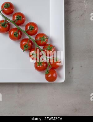 Zweig der roten kleinen Tomaten auf weißem quadratischen Teller. Flach liegend Stockfoto