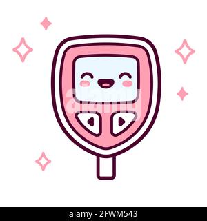 Zeichnung des Kawaii-Blutzuckermessgeräts. Niedliche Karikatur rosa Glucometer Gerät mit Smiley Gesicht. Isolierte Vektor-Clip-Art-Illustration. Stock Vektor