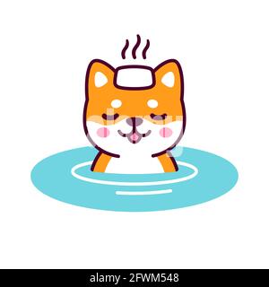 Niedliche Cartoon Shiba Inu in japanischen Onsen heißen Frühling mit dampfenden Handtuch auf dem Kopf. Kawaii Hund Zeichnung, lustige Vektor-Illustration. Stock Vektor