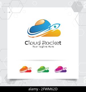 Cloud-Rakete Logo-Design mit Konzept der bunten Cloud-Vektor-Illustration für Hosting-Provider, Server-Rack und gemeinsame Nutzung von Speicher. Stock Vektor