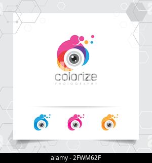 Fotografie und Foto-Logo-Design mit Konzept der bunten Kamera Objektiv Symbol Vektor für Fotografen, Studio-Foto und Hochzeit Fotografie. Stock Vektor