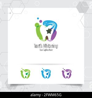 Dental Logo Zahnarzt Vektor-Design mit Konzept von Stern-Symbol und Zahn-Symbol . Zahnärztliche Versorgung für Krankenhaus, Arzt, Klinik und Gesundheit. Stock Vektor