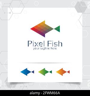 Pixel Fish Maskottchen Vektor-Design-Illustration mit bunten Dreieck und Pixel-Konzept. Fisch-Logo-Vektor für App, Business und Studio. Stock Vektor