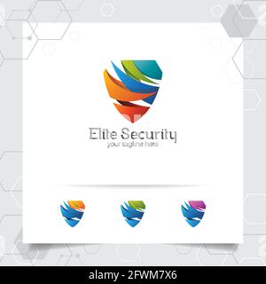 Design des Schutzschildes mit Schutzschildvektor und Technologiesymbol für Datenschutz, Virenschutz und Systemsicherheit. Stock Vektor