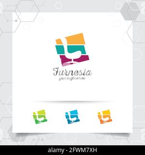Möbel Logo Design Vektor mit einem negativen Raum Stuhl Sofa Symbol Illustration für Wohnmöbel, Innenarchitektur und Galerie. Stock Vektor