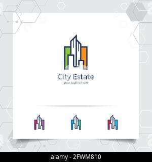 Immobilien Logo Design Konzept der Wohnung Ikone und Gebäude. Objekt-Logo-Vektor für Bau, Auftragnehmer, Wohnsitz und Architekt. Stock Vektor