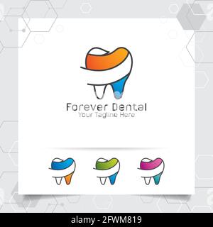 Dental Logo Zahnarzt Vektor-Design mit Konzept der flachen Linie Zahn Symbol . Zahnärztliche Versorgung für Krankenhaus, Arzt, Klinik und Gesundheit. Stock Vektor