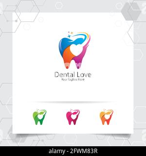 Dental-Logo Zahnarzt Vektor-Design mit Konzept der Herzliebe Symbol und Zahn-Symbol . Zahnärztliche Versorgung für Krankenhaus, Arzt, Klinik und Gesundheit. Stock Vektor