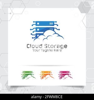 Logo-Vektor-Design für Cloud-Hosting mit Darstellung von Server- und Cloud-Symbolen für Hosting-Provider, Server-Rack und gemeinsamen Speicher. Stock Vektor