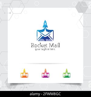 Rocket Logo Design mit Briefumschlagkonzept und Rocket Icon. Nachrichtenvektor, der für Chat, App, Technologie und Software verwendet wird. Stock Vektor