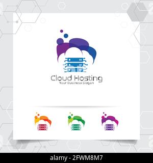 Logo-Vektor-Design für Cloud-Hosting mit Darstellung von Server- und Cloud-Symbolen für Hosting-Provider, Server-Rack und gemeinsamen Speicher. Stock Vektor
