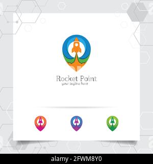 Rocket-Logo-Design mit Pin-Map-Konzept und Rocket-Symbol. Punktrakete Vektor für App, Technologie und Software verwendet. Stock Vektor