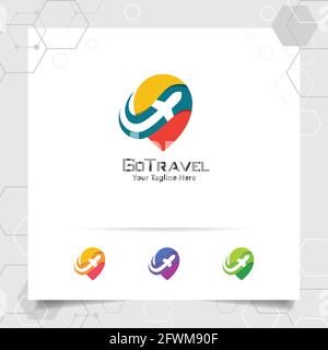Travel Logo Design Konzept des Flugzeugsymbols mit Pin-Map-Symbol. Reiselogo-Vektor für Welttournee, Abenteuer und Urlaub. Stock Vektor