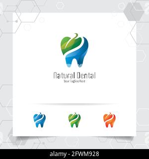 Dental Logo Zahnarzt Vektor-Design mit Konzept der grünen Blätter und Zahn-Symbol . Zahnärztliche Versorgung für Krankenhaus, Arzt, Klinik und Gesundheit. Stock Vektor
