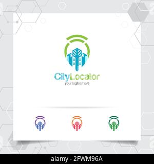 City Locate Logo Vektor mit Konzept von Pin-Karte Locator und WiFi Stadtbild Symbol Design für Reisen, lokalen Guide, gps, und Tour. Stock Vektor