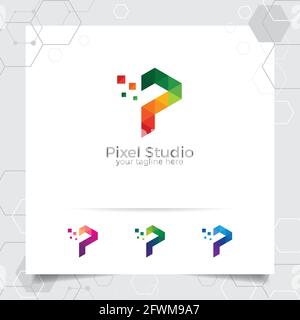 Digital Logo Letter P Design Vektor mit modernen bunten Pixel für Technologie, Software, Studio, App und Business. Stock Vektor