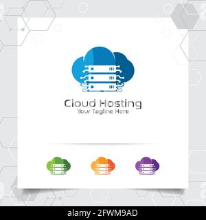 Logo-Vektor-Design für Cloud-Hosting mit Darstellung von Server- und Cloud-Symbolen für Hosting-Provider, Server-Rack und gemeinsamen Speicher. Stock Vektor