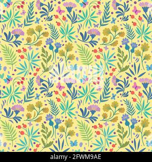 Vektor nahtlose Muster mit niedlichen schönen Blumen, Schmetterlingen und Blättern in minimalistischen trendigen Doodle-Stil. Stock Vektor