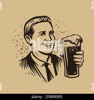 Fröhlicher Mann mit einem Glas Bier im Retro-Stil. Emblem für alkoholische Getränke, Vektor-Illustration im Vintage-Stil Stock Vektor