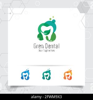 Dental Logo Zahnarzt Vektor-Design mit Konzept der grünen Blätter und Zahn-Symbol . Zahnärztliche Versorgung für Krankenhaus, Arzt, Klinik und Gesundheit. Stock Vektor