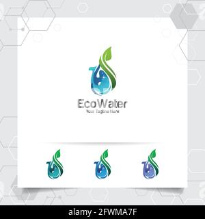 Drop Water Logo-Design mit Konzept der Tröpfchenwasser Symbol mit grünen Ökologie Vektor für Mineralwasser Unternehmen und Sanitär verwendet. Stock Vektor