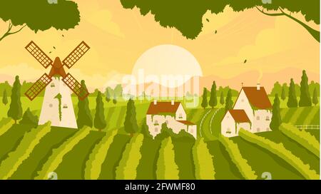 Vektorgrafik für ländliche Sommer- oder Herbstszenen in Weinbergen. Cartoon-Panorama mit wachsenden Weintrauben auf grünen Hügeln, alten Bauernhäusern und Windmühle, Reise nach Europa Hintergrund Stock Vektor