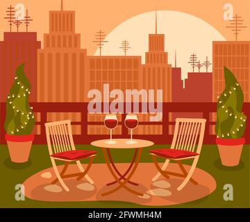 Gemütlicher schöner Garten auf dem Dach mit Tisch und zwei Stühlen in der Großstadt mit dem Stadtbild bei Sonnenuntergang. vektorgrafik Stock Vektor