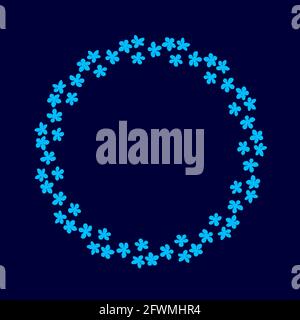 Blauer Blumenkranz. Zarter Kranz aus Sakura-Zweigen. Blumen blühen von Hand gezeichnet, Kreis Rahmen von Cyan flowerson blauen Hintergrund. Design für Invites Stockfoto