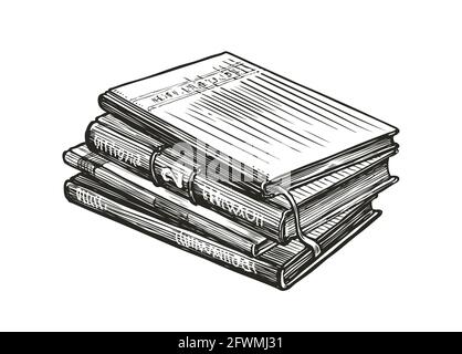 Stapel von Büchern auf Weiß isoliert. Handgezeichnete Skizzenvektordarstellung Stock Vektor