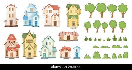 Cartoon-Haus, Bäume und Sträucher. Eingestellt. Ein schönes, gemütliches Landhaus im traditionellen europäischen Stil. Sammlung von niedlichen lustigen Häusern. Isoliert ein Stock Vektor