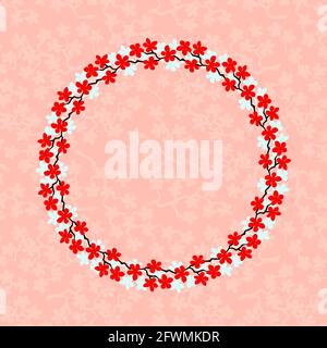 Farbenfrohe Blumenkränze. Zarter Kranz aus Sakura-Zweigen. Blumen blühen von Hand gezeichnet, Kreis Rahmen aus roten und weißen Farben Blumen auf orange rote BA Stockfoto