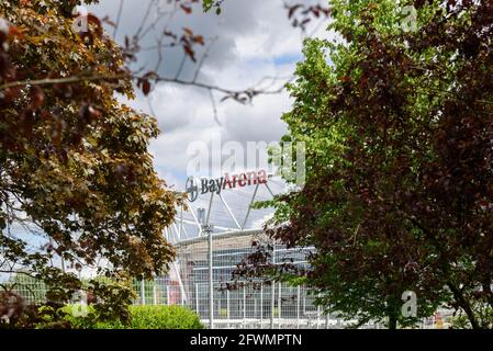 Leverkusen, Deutschland. Mai 2021. Schild der BayArena in Leverkusen. Kredit: SPP Sport Pressefoto. /Alamy Live News Stockfoto