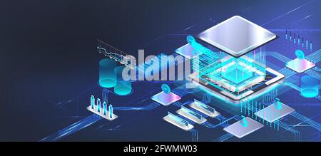 CPU-Microchip-Banner in isometrischer Form. Futuristischer Prozessor-Mikrochip mit Komponenten, die auf dem Motherboard installiert sind. Isometrische Abbildung Сircuit Platine-CPU Stock Vektor