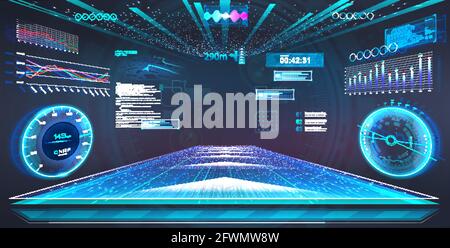Cyberspace Virtual und Augmented Reality im HUD-Stil. Head-Up-Display-Design. Volumenraum von VR mit Head-Up Display-Design im HUD-Stil. VR Stock Vektor