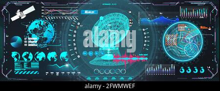 Raumantenne mit HUD-Schnittstellenanzeige. Sci-Fi-Dashboard mit 3D-Objekten - Satelliten-, Erdkugel-, Antennen- und futuristischen Benutzeroberflächenbildschirmen Stock Vektor