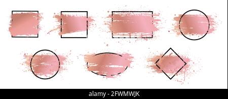 Roségold Pinselstriche Kollektion mit schwarzem Rahmen für Text. Grunge künstlerische Design-Boxen. Schmutzige Spritzer mit Bilderrahmen und goldfarbener Rose. Eingestellt Stock Vektor