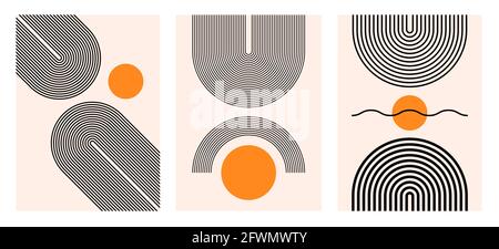 Abstrakt moderner böhmischer, zeitgenössischer geometrischer Stil mit minimalem Muster. Wandlinie Boho abstrakte Form Bogen Stock Vektor