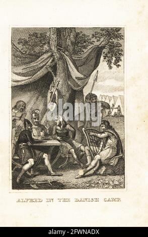 Der sächsische König Alfred der große, verkleidet als Harfenspieler, im Lager des Wikingeroberhäuptlings Guthrum, 878. Alfred im dänischen Lager. Kupferstich aus M. A. Jones’ History of England von Julius Caesar bis George IV., G. Virtue, 26 Ivy Lane, London, 1836. Stockfoto