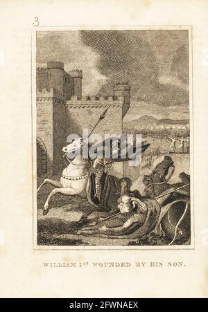 Wilhelm der Eroberer klopfte sein Pferd von seinem Sohn Robert Curthose, Belagerung der Festung Gerberoy, 1079. Wilhelm I. wurde von seinem Sohn verwundet. Kupferstich aus M. A. Jones’ History of England von Julius Caesar bis George IV., G. Virtue, 26 Ivy Lane, London, 1836. Stockfoto