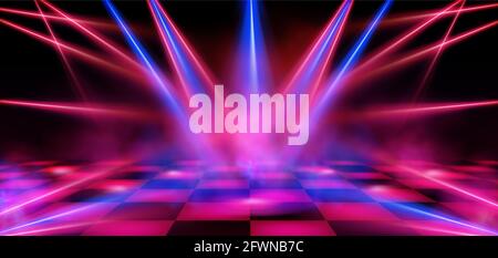 Tanzfläche, leere Nachtclubbühne, beleuchtet mit roten und blauen Scheinwerfern. Karierte Szene mit Laserstrahlen, Lampen und wirbelndem Rauch, Disco-Tanzbereich im Inneren, realistische 3d-Vektordarstellung Stock Vektor